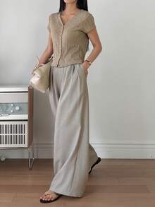 DAZY 女士V领短袖开衫休闲T恤，夏季 - 卡其色 - 查看 3