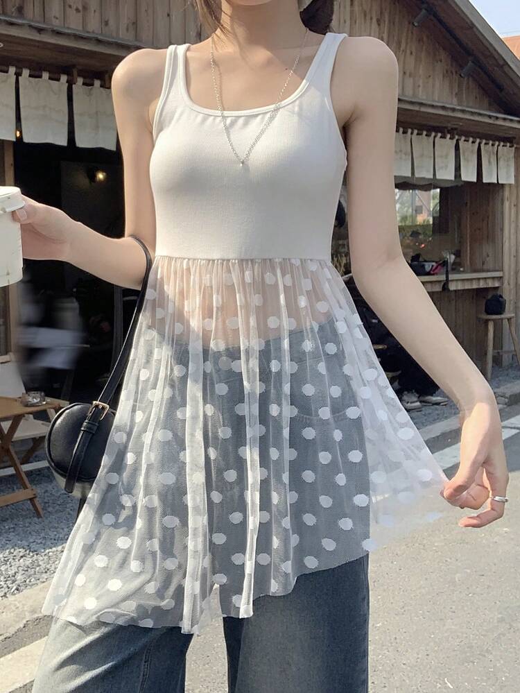 Women's Summer Collared Camisole Polka Dot Patchwork Slim Fit Casual Sexy Camisole