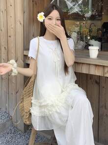 DAZY Đầm ngắn không tay cổ tròn buộc dây, viền bèo nhún, phối nhiều mảnh vải, kiểu dáng giản dị và thanh lịch dành cho nữ, thích hợp cho mùa hè. - trắng - Xem 6