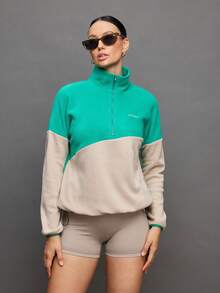 Activina Women's Letter Graphic Contrast Color Drop Shoulder Zip-Up Half Placket Pocket Fleece Sweatshirt - Green - View 1