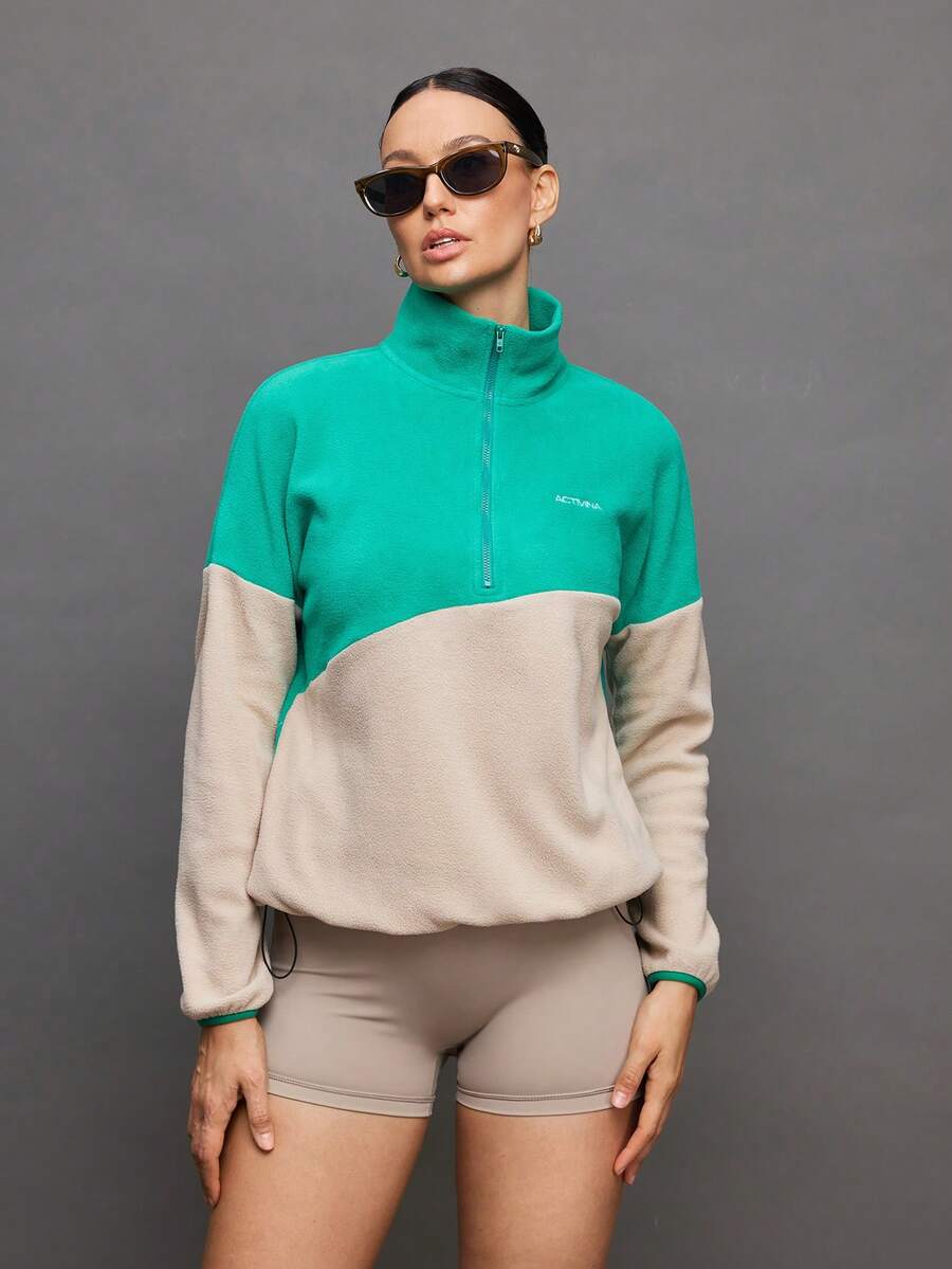 Activina Women's Letter Graphic Contrast Color Drop Shoulder Zip-Up Half Placket Pocket Fleece Sweatshirt - Green - View 1