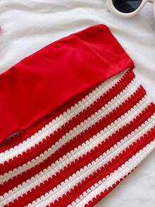 Soleia 女士休闲度假复古红白条纹撞色领抹胸上衣+红色抽绳蛋糕裙两件套，春夏款 - 紅白色 - 查看 3