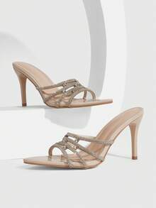 CUCCOO SZL 女士夏季新款杏色水钻高跟凉鞋 时尚华丽性感派对女士凉拖鞋 - 杏色 - 查看 2