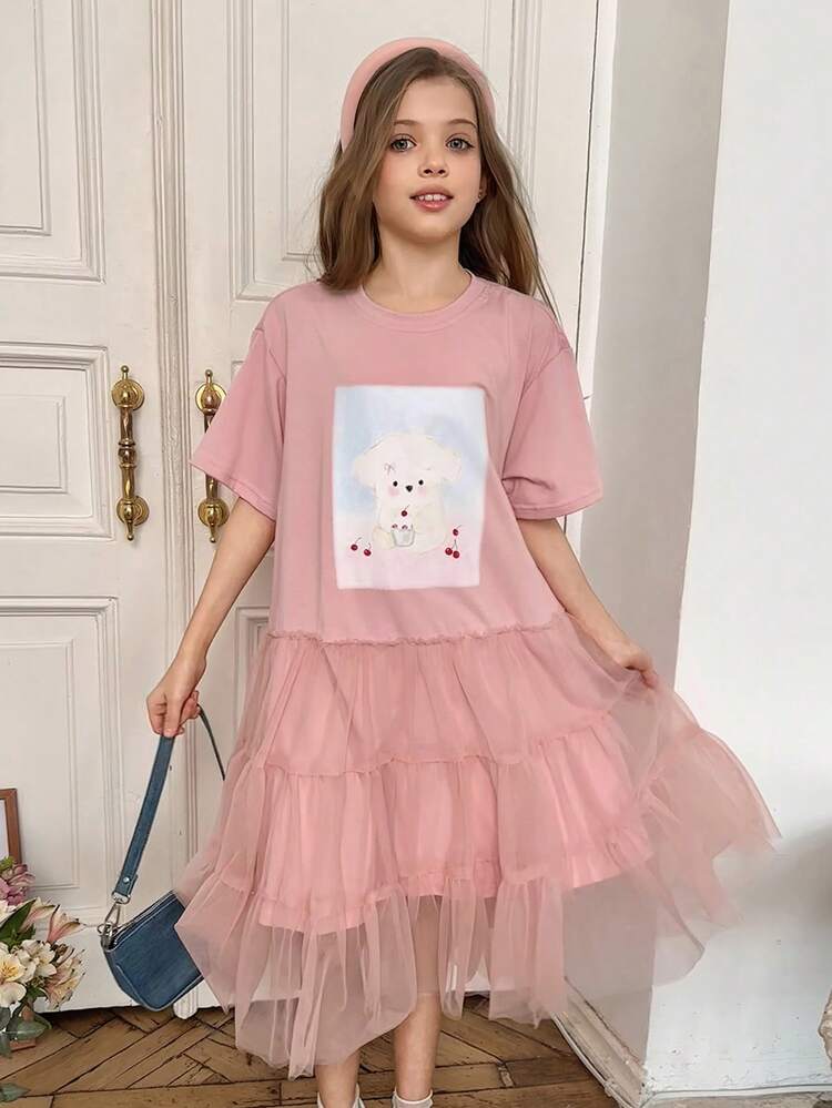 Girls' Round Neck Knit Printed Contrast Mesh Short Sleeve Dress, Fall Outfit Summer