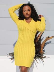 Steph T Collared Knit Long Sleeve Comfortable Sweater Dress - Pale Yellow - View 3