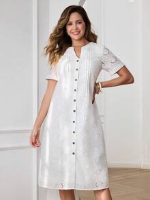 Miaspire 女士休闲V领蕾丝拼接中长连衣裙 - 白色 - 查看 7