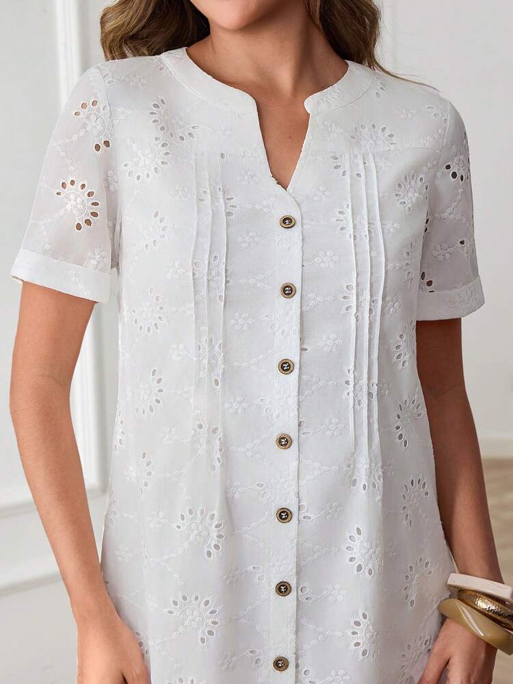 White Eyelet Embroidery V Neck Button Down Shift Dress Elegant Casual Summer Beach Vacation Outfit White Dress White Top Eyelet Dress Embroidery Dress Casual Dresses For Women Elegant Dresses For Women Summer Dresses For Women Beach Dresses For Women Vacation Dresses For Women,Summer Dress,Summer Holiday Outfits White Eyelet Dress Women,Summer Outfits For Women