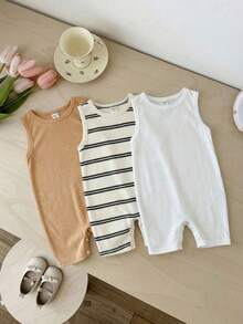 LMoss Kids 3pcs Baby Boy Knitted Solid Striped Crew Neck Sleeveless Romper Set - Multicolor - View 3