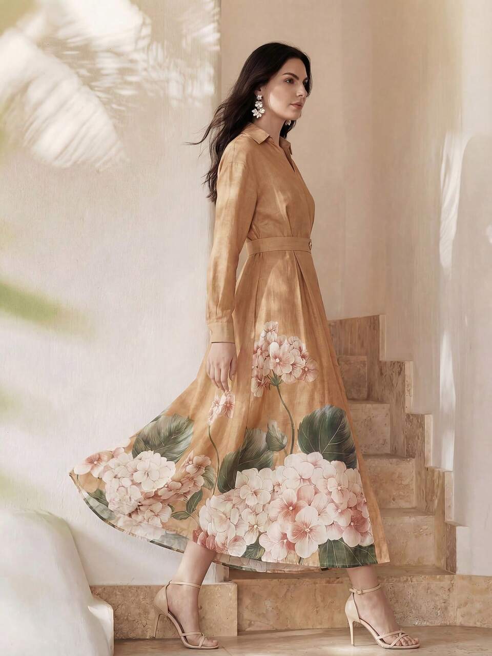 Anewsta Vestido largo con cuello de camisa, estampado floral y acento de perlas elegante para vacaciones, para mujer, primavera/verano