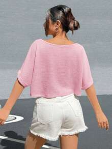 SHEIN EZwear 浅粉色不对称领口短袖T恤 - 淺粉色 - 查看 2