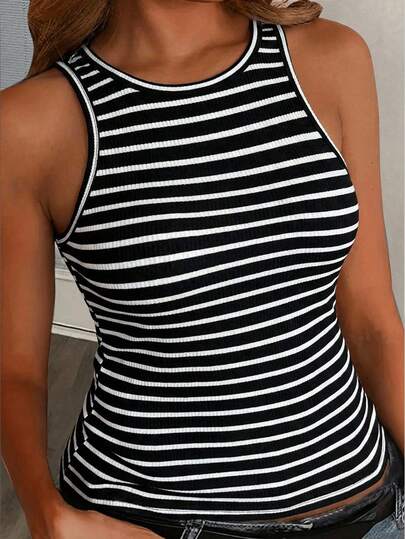 Slaydiva Casual Versatile Black & White Ribbed Pattern Ribbed Plus Size Camisole And Tank Top, Suitable For Summer