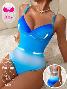 Swim DD+ 1件装女士性感加厚钢圈DD+罩杯渐变印花+蓝色宝石树脂串珠肩带连体泳衣，春夏款 - 藍色 - 查看 2