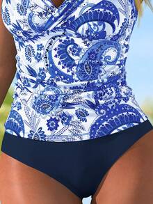 Swim Lushoire Swim Lushore Swim Women's 2 Pieces Paisley PatternShoulder Strap Tankini With Metal Buckle + Solid High-Waisted Triangle Bottom Vacation Swimwear Set Spring Vacation - Navy Blue - View 4