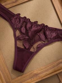 2件套法式经典黑色V领文胸套装 - 中紫紅色 - 查看 4