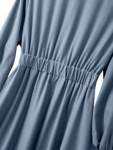 GlowEve CURVE Plus Size Women Casual Solid Color Lapel Lantern Sleeve Button Pleated Waist A-Line Dress Blue Elegant Dress Women - Dusty Blue - View 6