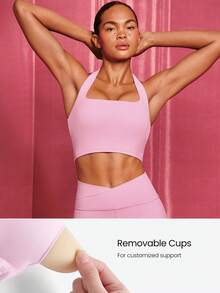 GLOWMODE 2 Pieces FeatherFit™-Sculpt Super Set Adjustable Halter Sports Tank Top & 4.3" Y-Shaped Butt Crossover Waist Active Shorts Set Medium Impact Workout Jogging Gym Training - Baby Pink - View 3