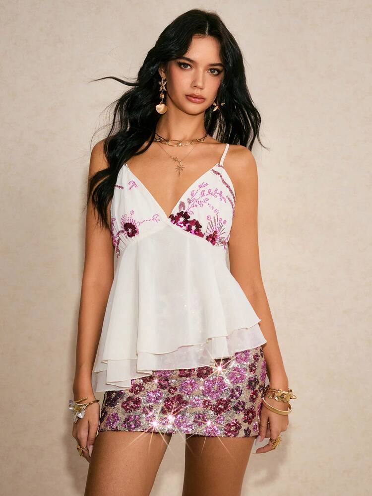 Poéselle Women's Floral Sequin Embroidered Layered Chiffon Peplum
