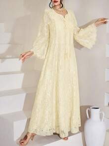 SHEIN Najma Đầm Ả Rập nữ tay lửng 3/4 cổ vuông, ren tua rua, dáng xòe - Màu vàng - Xem 5