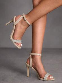 CUCCOO SZL Sandalias de tacón alto con puntera puntiaguda para mujer, con tiras de strass y correa de tobillo, color albaricoque, de moda, elegantes y sexys para fiestas, banquetes y citas - Albaricoque - Ver 5