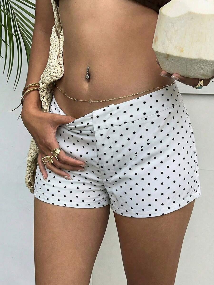 Aloruh 女士黑白波点超低腰短裤，适合度假、通勤、办公、户外活动 - 黑與白 - 查看 1
