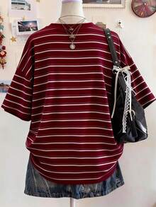Lalippa Áo thun nữ dáng rộng, cổ tròn, vai rớt, in kỹ thuật số, kẻ sọc màu đỏ tía, phong cách thường ngày, thích hợp làm quà tặng cho bạn bè. - Nhiều màu - Xem 2