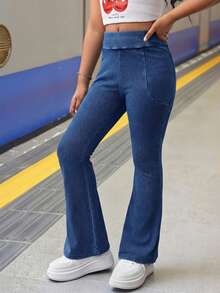 Tween Girls' Casual Elastic Waist Flare Leg Jeans - Medium Wash - View 4