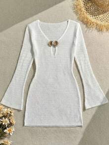 Teen Girls White Everyday Casual Long Sleeve V Neck Semi Sheer Cover Up - White - View 3