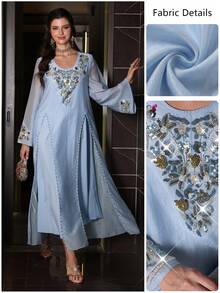 Layrah Elegant & Luxurious Round Neck Beaded Flare Sleeve Dress, Spring/Summer - Baby Blue - View 5