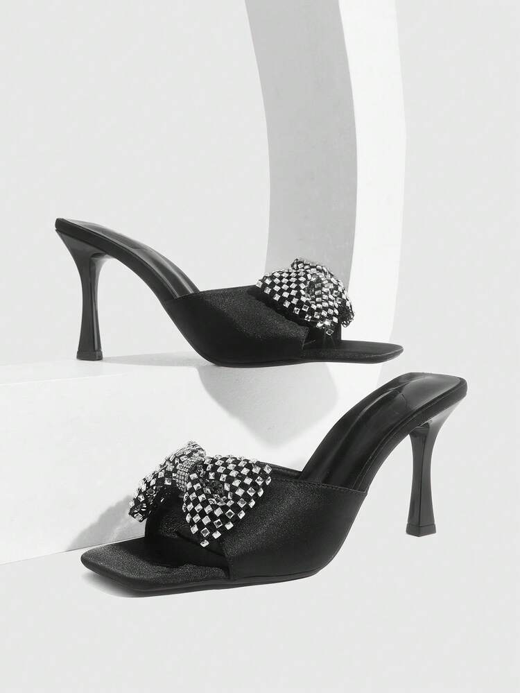 CUCCOO SZL Women's Square Toe High Heel Shoes, Sexy Fashion Glamorous Rhinestone Embellished Slip-On Bowknot Mules, Suitable For Dresses, Party, Nightclub Valentine's Day