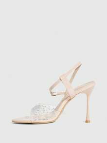 CUCCOO SZL 女士春夏尖头细高跟杏色透明水钻性感时尚华丽后踝带裙摆宴会派对夜店女士高跟凉鞋露趾凉鞋 - 米色 - 查看 4