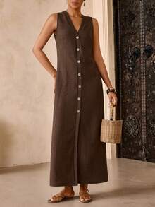 Vesra Coffee Brown V-Neck Button Front Casual Dress For Women - Coffee Brown - View 4