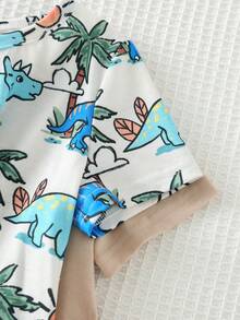 Cozy Pixies 2pcs Baby Boy Cartoon Dinosaur Pattern Knitted Soft Crew Neck Short Sleeve Pullover Outfit Set - Khaki - View 6