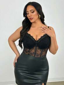 Firerie 大码优雅舒适性感蕾丝撞色网纱弹力连体衣，适合情人节、音乐会、演出、约会、正式晚宴、派对、性感、优雅、通勤、海滩、浪漫、职场女王、美人鱼风格、生日派对等场合。 - 黑色 - 查看 6