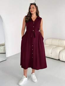 SHEIN Essnce 大码女装春夏时尚休闲宽松舒适基础款日常百搭修身深蓝色纽扣中长衬衫裙，适合女性工作场合、机场出行、简约风格、教师服、办公室穿着，V领带口袋 - 酒紅色 - 查看 6