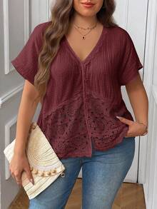 SHEIN Frenchy Camisa de talla grande de verano, de unicolor, con parches de encaje - Burdeos - Ver 2
