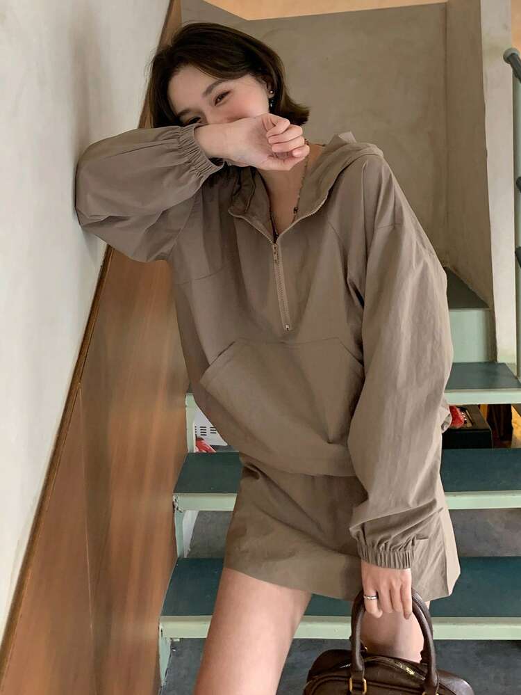 2pcs Women's High-End Long Sleeve Hooded Windbreaker Jacket And Skirt Set