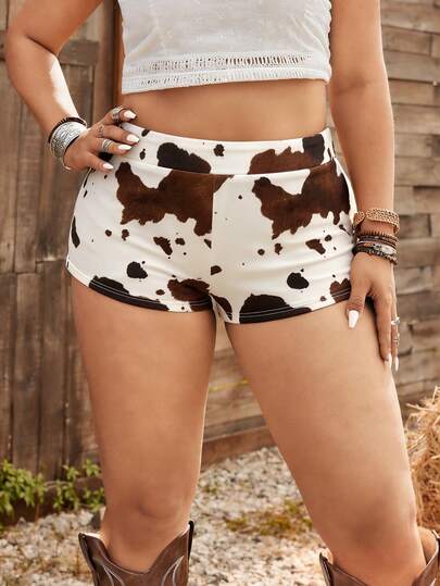 Ceyna Pantalones cortos de talla grande para mujer con estampado de vaca, cintura elástica, pantalones cortos regulares, para festival de música, verano, estilo vaquero occidental, estampado animal, estampado de vaca, vuelta al colegio, primavera y verano + Coachella/Festival de música/Fiesta