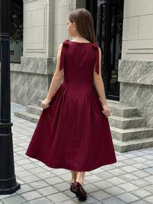 Firerie Kids Tween Girls Bow Tie Waist Dress, Casual Elegant Fashion Versatile Suitable For Daily Wear, Ceremonies, Parties, New Girls Dress - Burgundy - View 2