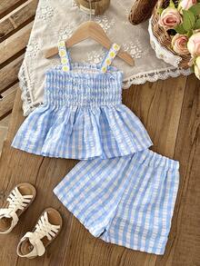 SHEIN 2件套女婴幼儿/新生儿0-3岁休闲日常可爱度假条纹蝴蝶结装饰吊带背心+短裤套装，春夏款 - 藍色 - 查看 2