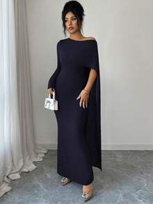Elenzga Navy Blue Autumn Elegant Dining Asymmetric Shoulder Cape Style Long Dress,Chic Slim Fit One Off The Shoulder Lightweight Formal Gown For Women - Navy Blue - View 5