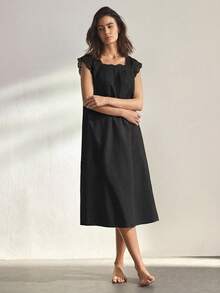 Ocili Đầm ngủ nữ 100% cotton mềm mại và thoải mái với viền bèo nhún và nơ thắt cổ. - màu đen - Xem 6