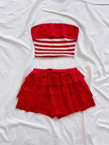 Soleia 女士休闲度假复古红白条纹撞色领抹胸上衣+红色抽绳蛋糕裙两件套，春夏款 - 紅白色 - 查看 6