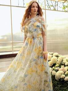 MOTF PREMIUM 女士束腰喇叭裙摆浪漫印花连衣裙，春夏款 - 黃色 - 查看 8