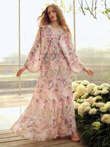 MOTF PREMIUM WOMEN'S ROMANTIC LOOSE LONG SLEEVE SHIRT WITH FLORAL PRINT, SPRING/SUMMER - Baby Pink - View 4