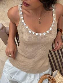 Selianne Áo len nữ không tay cổ chữ V hở lưng kiểu dáng thường ngày, trang trí cúc vỏ sò, màu mơ, thích hợp cho mùa xuân/hè. - Màu be - Xem 4