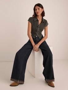 Easelle 女士黑色不对称下摆纽扣领针织衬衫 - 黑色 - 查看 4