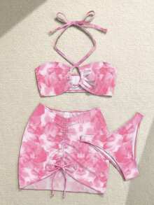 Soleia Women's Summer Beach Floral Print Halter Tie Fashionable Bikini Set With Matching Sarong Skirt - Pink - View 6