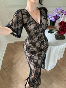 DAZY Abito in pizzo nero primaverile/estivo, elegante per San Valentino, matrimonio, festa, occasione formale, evento di moda, pendolarismo, maniche a sbuffo, vita stretta, orlo a sirena, abito midi a maniche lunghe in tulle trasparente per donna - nero - Visualizzare 8