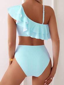 Swim Basics 女款夏季海灘荷葉邊拼接條紋比基尼泳衣套裝 2件式分層比基尼荷葉邊泳衣套裝 - 藍白色 - 查看 2
