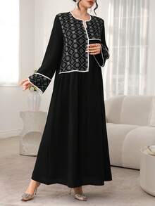 Al Najma New Middle Eastern Style Blend Printed Patchwork Bohemian Long Tunic - Black - View 5